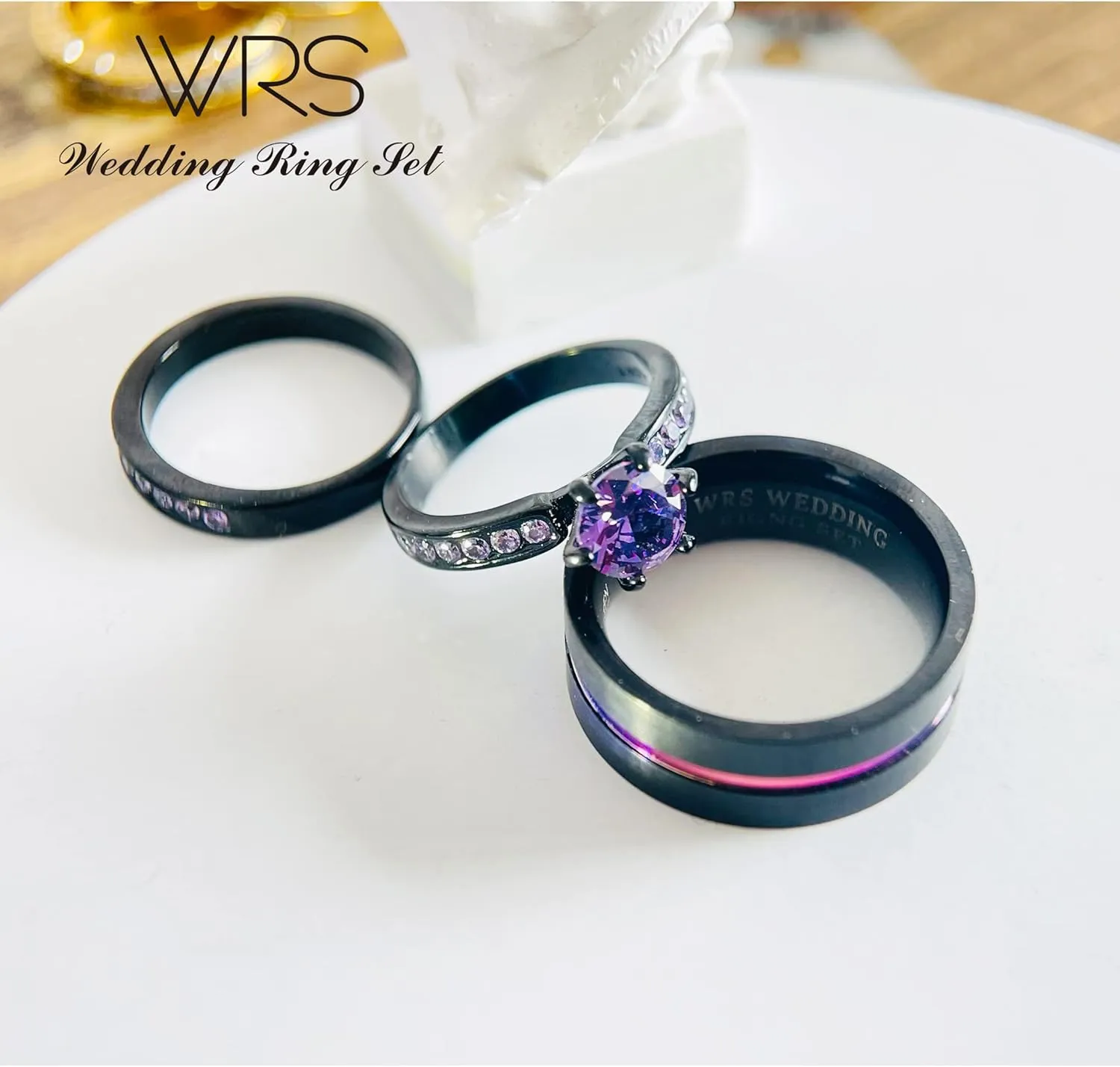 wedding ring set His Hers Couples Matching Rings Women's 18k Black Gold Filled Violet CZ Wedding Engagement Ring Bridal Sets & Men's Tungsten Carbide Wedding Band