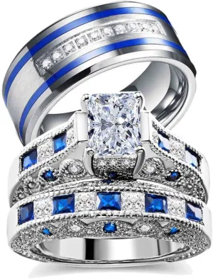 wedding ring set Two Rings His Hers Couples Matching Rings Women's 2pc White Gold Filled CZ Wedding Engagement Ring Bridal Sets Men's Stainless Steel Wedding Band