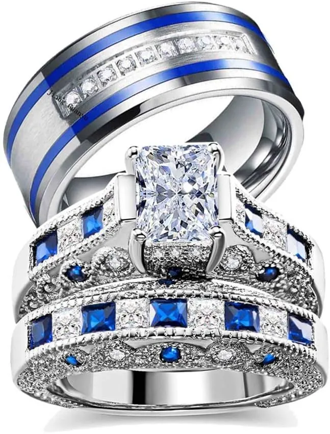 wedding ring set Two Rings His Hers Couples Matching Rings Women's 2pc White Gold Filled CZ Wedding Engagement Ring Bridal Sets Men's Stainless Steel Wedding Band