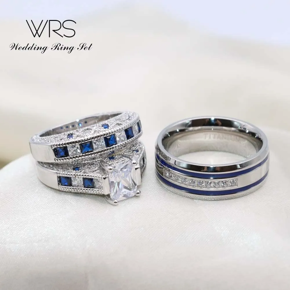 wedding ring set Two Rings His Hers Couples Matching Rings Women's 2pc White Gold Filled CZ Wedding Engagement Ring Bridal Sets Men's Stainless Steel Wedding Band