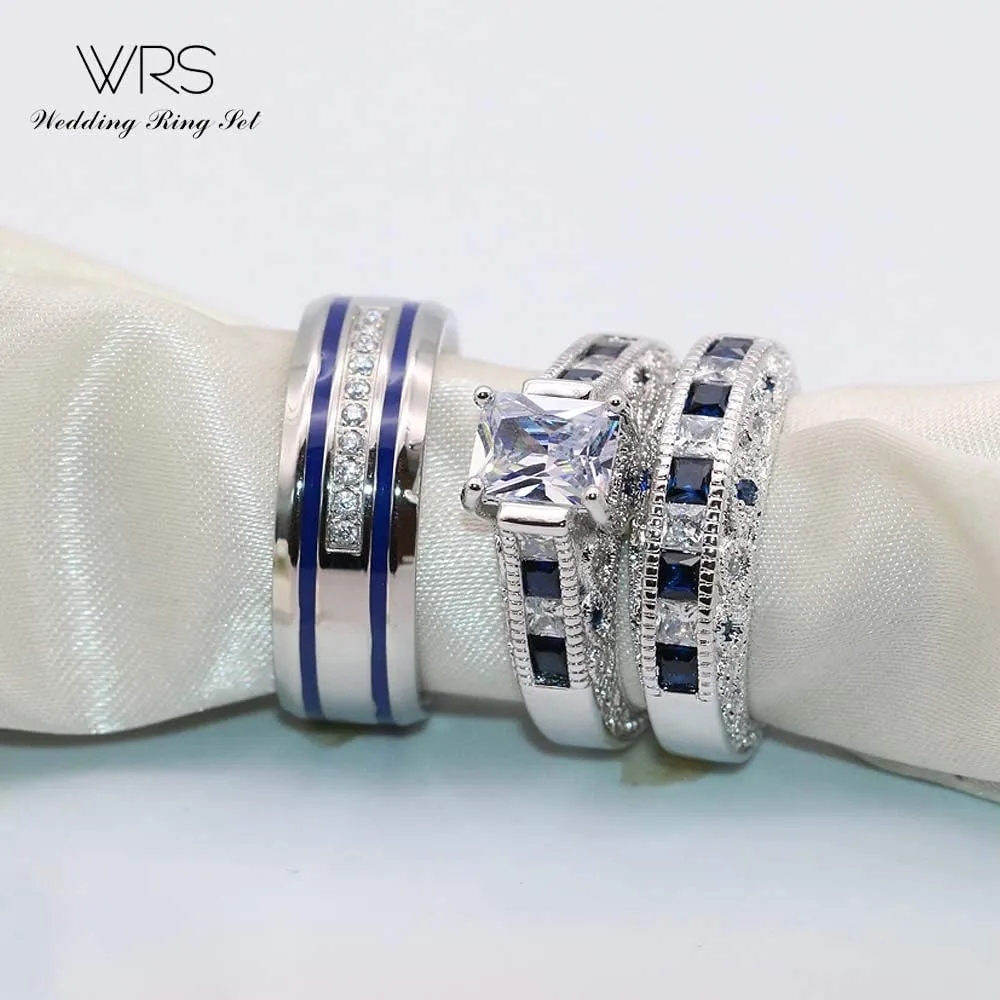 wedding ring set Two Rings His Hers Couples Matching Rings Women's 2pc White Gold Filled CZ Wedding Engagement Ring Bridal Sets Men's Stainless Steel Wedding Band