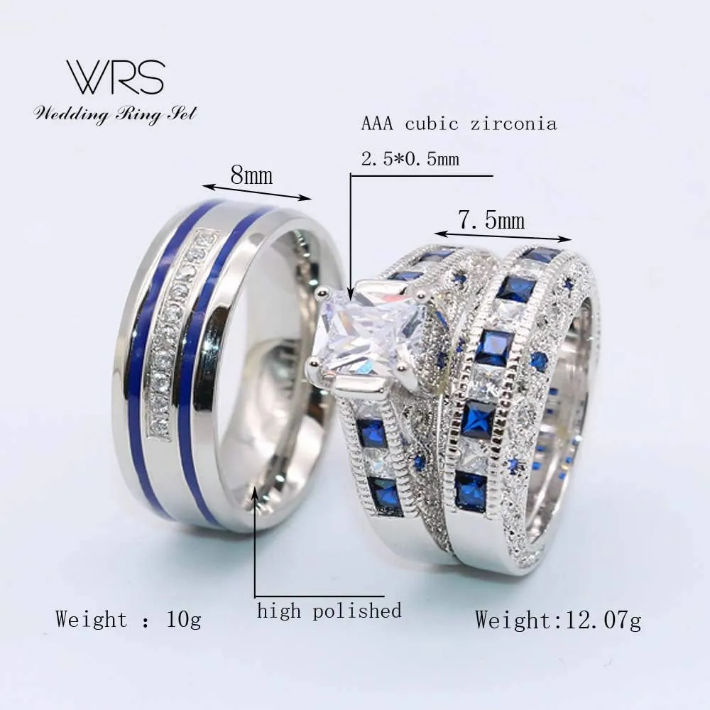 wedding ring set Two Rings His Hers Couples Matching Rings Women's 2pc White Gold Filled CZ Wedding Engagement Ring Bridal Sets Men's Stainless Steel Wedding Band