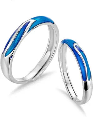 Wedding Rings Couple Set, Dainty Sterling Silver Rings Blue Enamel Silver Blue Adjustable