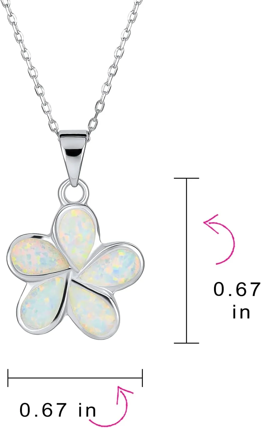 White Created Opal Hawaiian Flower Plumeria Necklace Pendant Anklet Bracelet Drop Stud Earrings For Women Jewelry Set .925 Sterling Silver October Birthstone