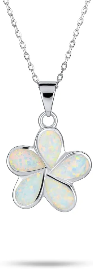 White Created Opal Hawaiian Flower Plumeria Necklace Pendant Anklet Bracelet Drop Stud Earrings For Women Jewelry Set .925 Sterling Silver October Birthstone