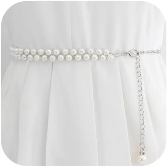White Pearl Belt for Women Layered Waist Chain Belt Handmade Pearl Body Chain Charm bridal Dresses Belt Adjustable Belly Chain Fashion Jewelry Gifts Accessory