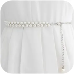 White Pearl Belt for Women Layered Waist Chain Belt Handmade Pearl Body Chain Charm bridal Dresses Belt Adjustable Belly Chain Fashion Jewelry Gifts Accessory