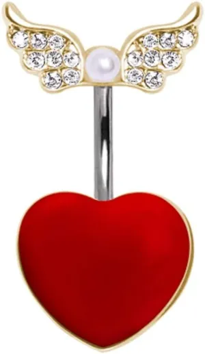 WILDKLASS 316L Red Heart Navel Ring with Soaring Gold-Plated Gemmed Wings and Pearl