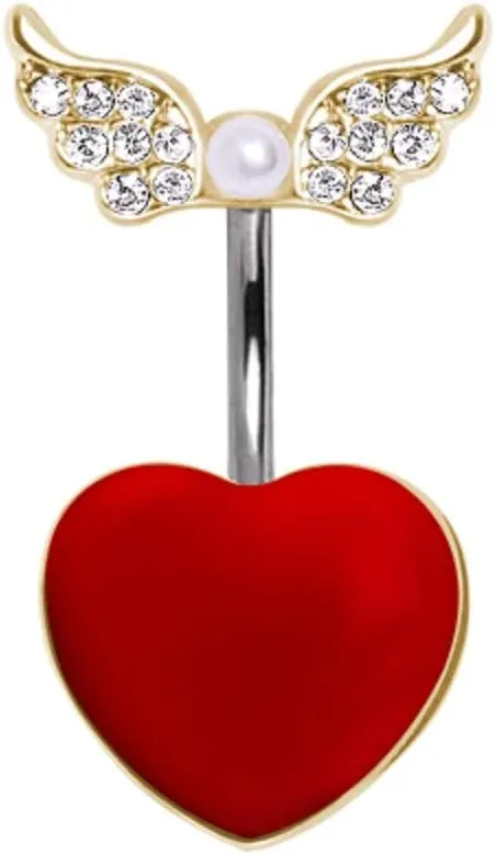 WILDKLASS 316L Red Heart Navel Ring with Soaring Gold-Plated Gemmed Wings and Pearl