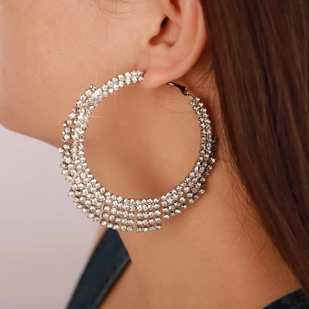 Wiwpar Bohemian Sparkle Tassel Rhinestone Big Hoop Dangle Earrings Circle Bridal Party Statement Dangle Earrings Jewelry for Women Girls Party Prom (Silver)