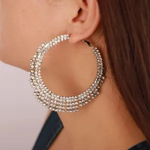 Wiwpar Bohemian Sparkle Tassel Rhinestone Big Hoop Dangle Earrings Circle Bridal Party Statement Dangle Earrings Jewelry for Women Girls Party Prom (Silver)
