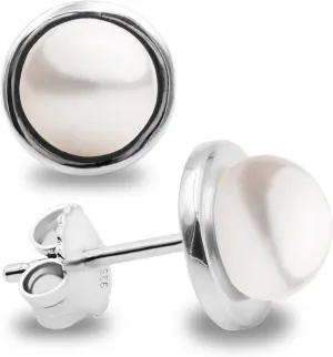 Women Pearl Stud Earrings, Fresh Water Cultured Pearls Button Shape 6-7 mm with a Silver Circle Mount by Secret & You | Sterling Silver 925 Mounts with big nuts.