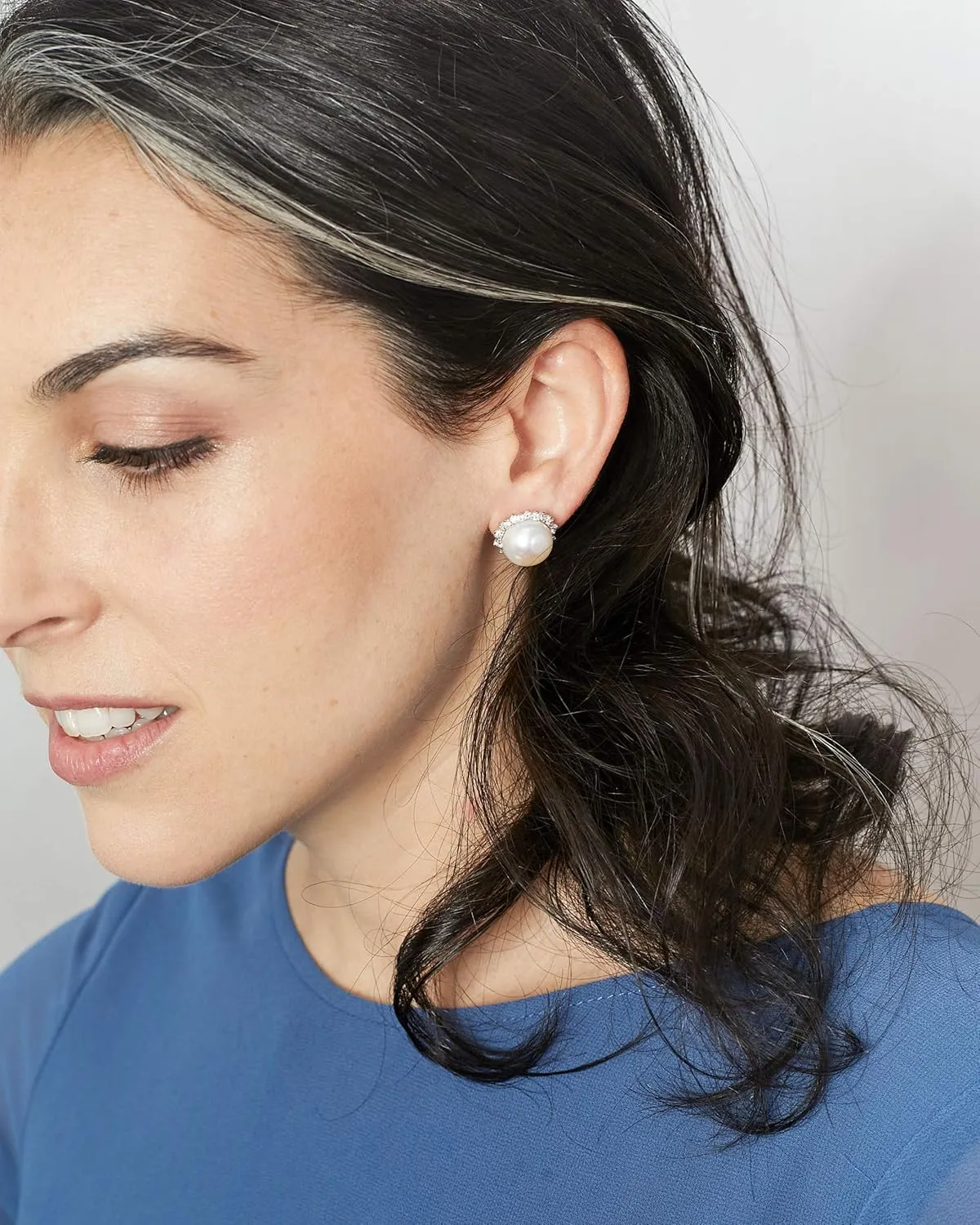 Women Pearl Stud Earrings, Fresh Water Cultured Pearls Button Shape 8-9 mm with Small Zirconia Stones Secret & You | Sterling Silver 925 Mounts with big nuts.