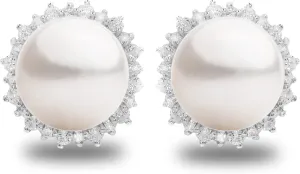 Women Pearl Stud Earrings, Fresh Water Cultured Pearls Button Shape 8-9 mm with Small Zirconia Stones Secret & You | Sterling Silver 925 Mounts with big nuts.