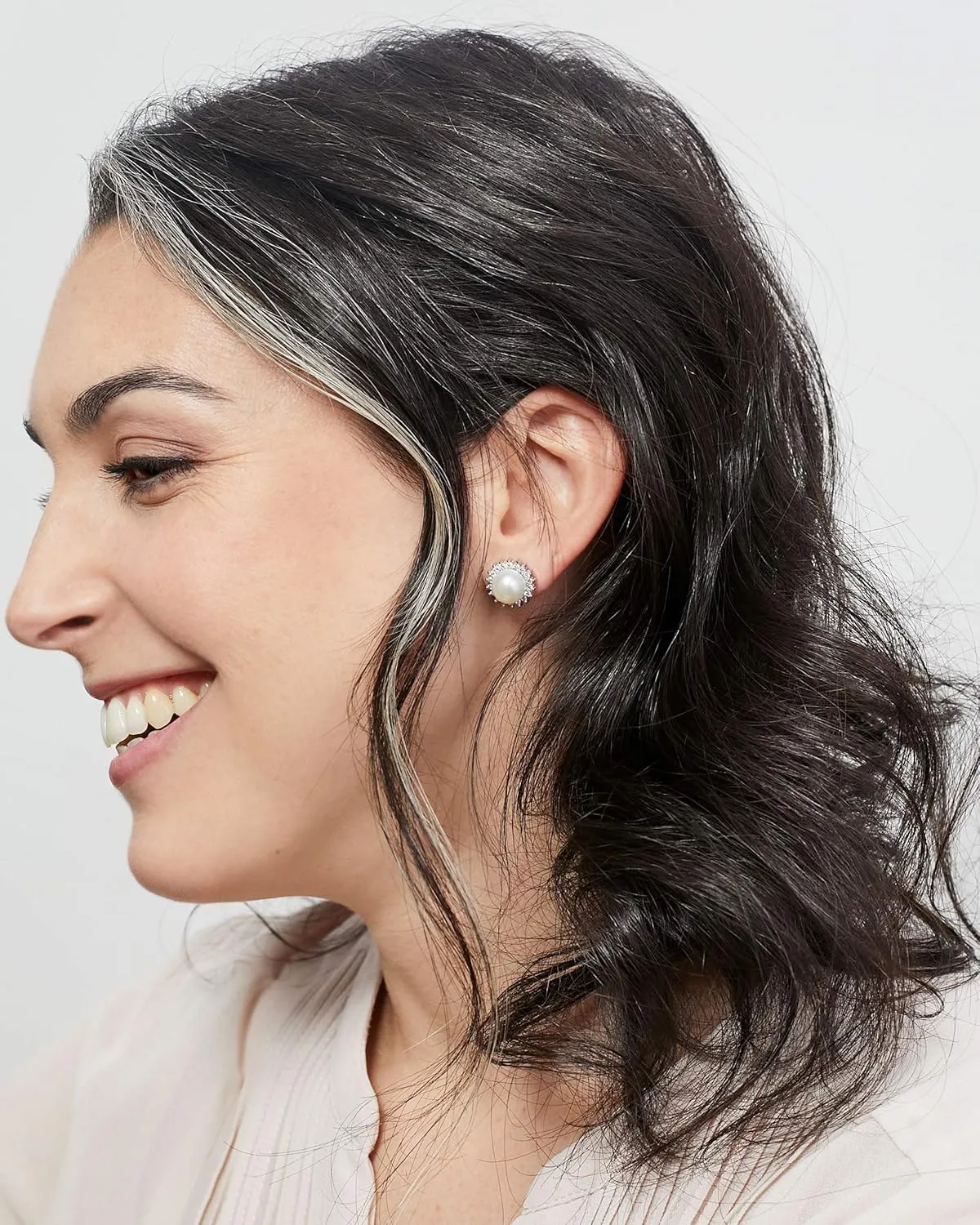 Women Pearl Stud Earrings, Fresh Water Cultured Pearls Button Shape 8-9 mm with Small Zirconia Stones Secret & You | Sterling Silver 925 Mounts with big nuts.