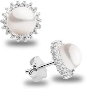 Women Pearl Stud Earrings, Fresh Water Cultured Pearls Button Shape 8-9 mm with Small Zirconia Stones Secret & You | Sterling Silver 925 Mounts with big nuts.