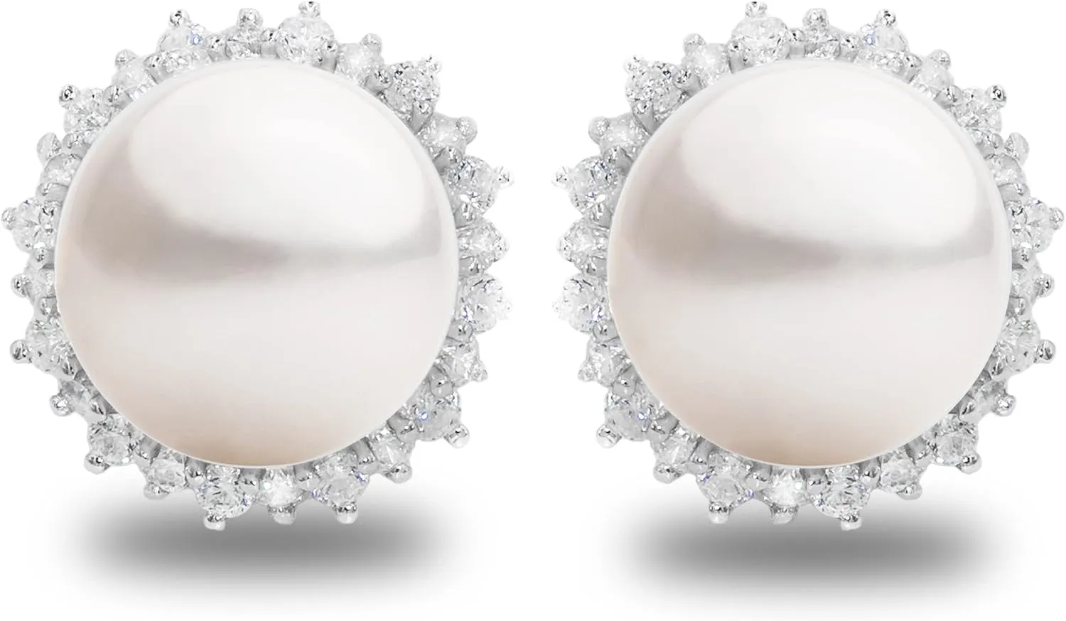 Women Pearl Stud Earrings, Fresh Water Cultured Pearls Button Shape 8-9 mm with Small Zirconia Stones Secret & You | Sterling Silver 925 Mounts with big nuts.