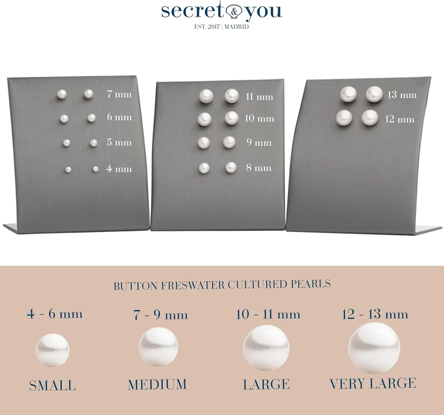 Women Pearl Stud Earrings. Fresh Water Cultured Pearls Button Shape Secret & You | 925 Sterling Silver Mounts | Available in 10 sizes from 4 mm to 13 mm