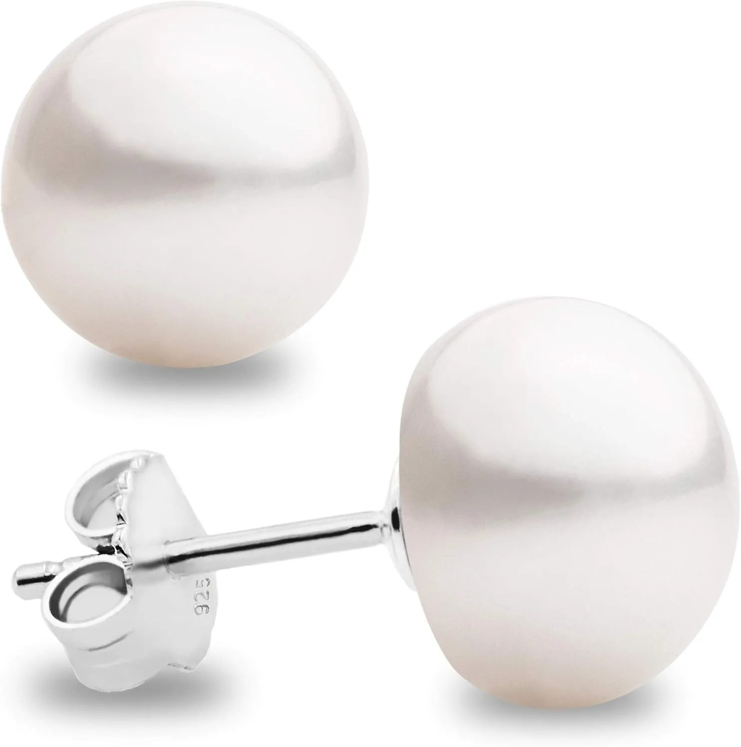 Women Pearl Stud Earrings. Fresh Water Cultured Pearls Button Shape Secret & You | 925 Sterling Silver Mounts | Available in 10 sizes from 4 mm to 13 mm