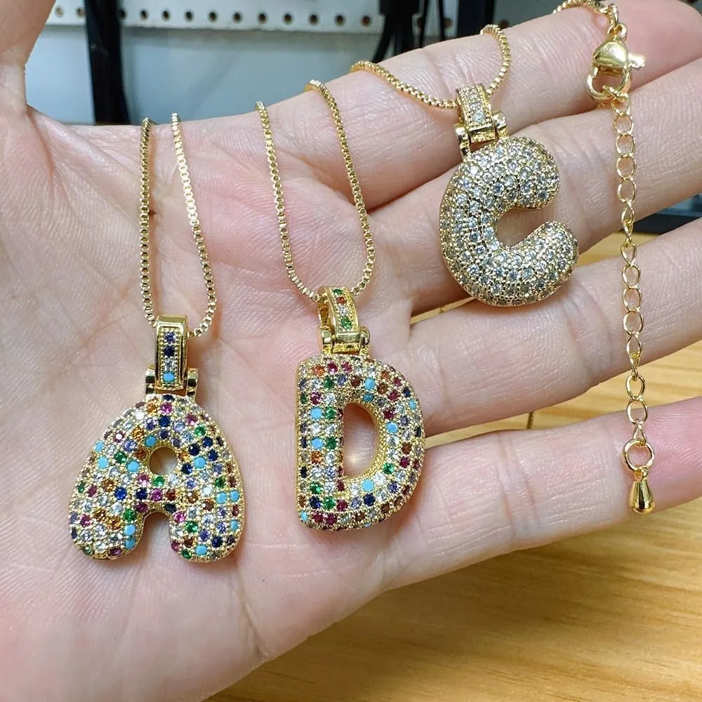 Women's Bubble Letter Necklace Colorful, Pendant Balloon Initial Pendant Zirconia Inlaid Necklace Fashion Gift Jewelry