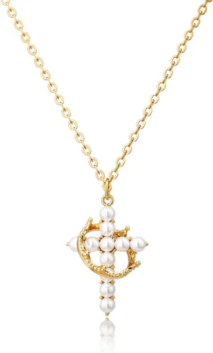 Women's Gifts Upgraded Crown Cross Necklace for Women 14K Gold Plated Crown Cross Pendant Necklace Simple Diamond Gold Necklaces Faith Cross Jewelry First Communion Necklace