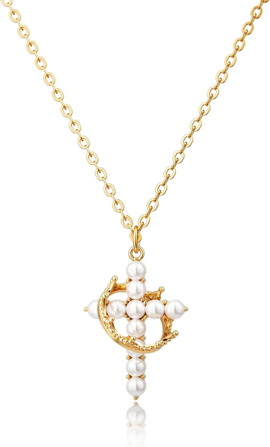Women's Gifts Upgraded Crown Cross Necklace for Women 14K Gold Plated Crown Cross Pendant Necklace Simple Diamond Gold Necklaces Faith Cross Jewelry First Communion Necklace