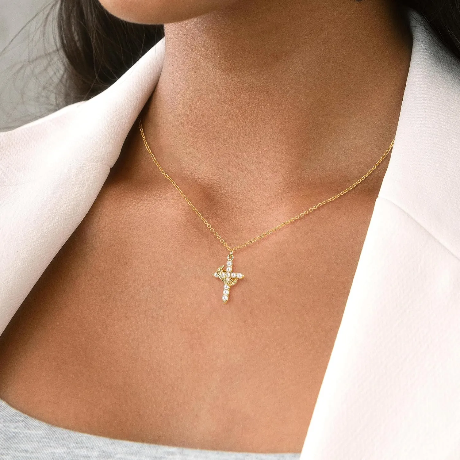 Women's Gifts Upgraded Crown Cross Necklace for Women 14K Gold Plated Crown Cross Pendant Necklace Simple Diamond Gold Necklaces Faith Cross Jewelry First Communion Necklace