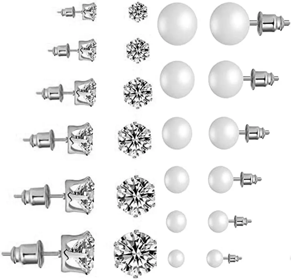 Women's Stainless Steel Round Clear Cubic Zirconia Pearl Stud Earrings Gift 12 Pairs