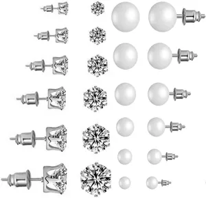 Women's Stainless Steel Round Clear Cubic Zirconia Pearl Stud Earrings Gift 12 Pairs
