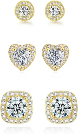 Women's stud Diamond stud earrings Sterling silver stud earrings Cubic square zircon Earrings for women 3 pairs