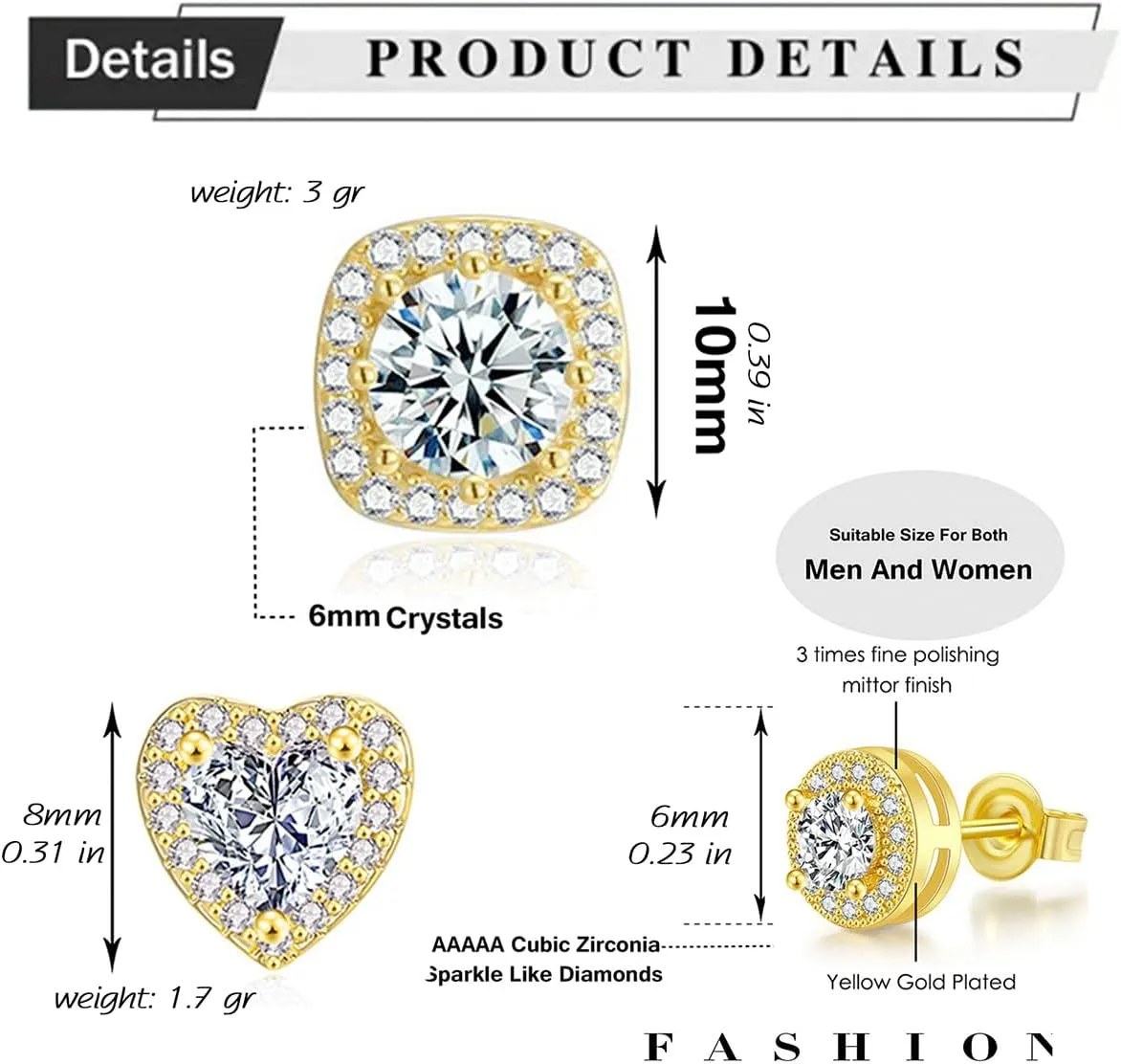 Women's stud Diamond stud earrings Sterling silver stud earrings Cubic square zircon Earrings for women 3 pairs