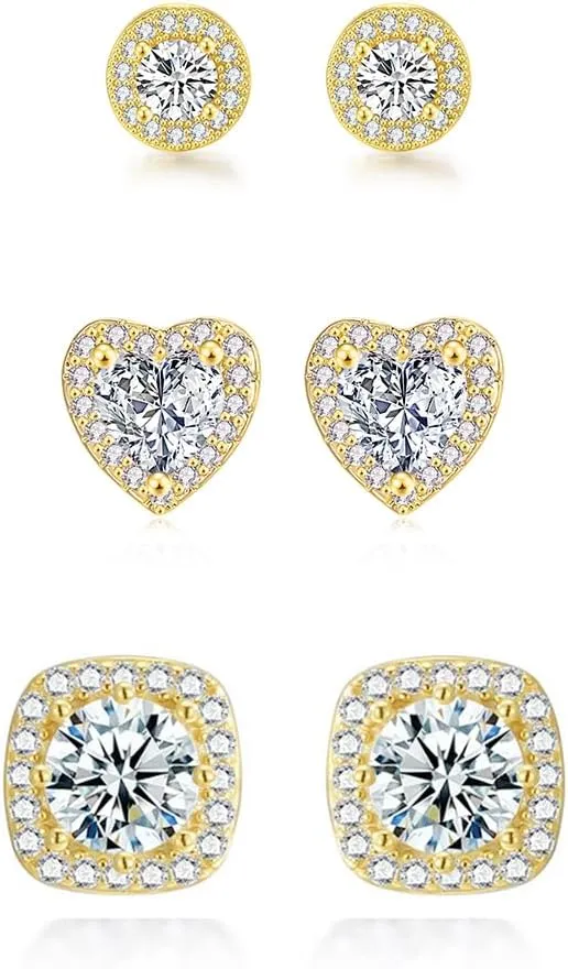 Women's stud Diamond stud earrings Sterling silver stud earrings Cubic square zircon Earrings for women 3 pairs