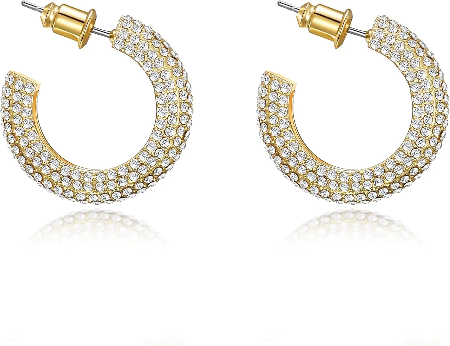 WOWORAMA Chunky Open Hoop Earrings for Women Gold Pave CZ Chunky Hoops Sparkly Crystal C Shaped Round Hoop Earrings Cubic Zirconia Thick Hoops Earrings