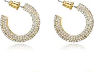 WOWORAMA Chunky Open Hoop Earrings for Women Gold Pave CZ Chunky Hoops Sparkly Crystal C Shaped Round Hoop Earrings Cubic Zirconia Thick Hoops Earrings