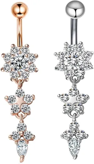 Wycian Navel Rings for Women Dangle, Belly Button Ring Aesthetic Cubic Zirconia Silver Rose Gold Surgical Steel Flower 14G for Women Piercing Jewelry