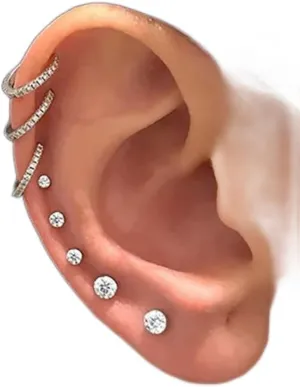 Xerling Rhinestone Stud Earrings Set for Women Multiple Piercings Small Huggie Hoop Silver Earrings Dainty Open Earrings Ear Cuff 8 Pairs