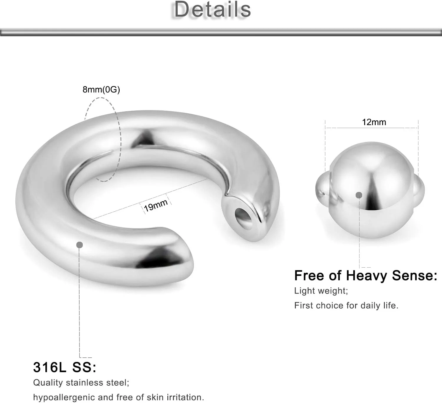 Yaalozei 12G 10G 8G 6G 4G 2G 0G 00G Large Septum Rings Gauges Earrings Hoops 316L Surgical Steel Spring Action Captive Bead PA Ring CBR Septum Nose Rings Piercing Jewelry for Women Men