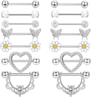 YADOCA 7Pairs 14G Nipple Rings for Women Surgical Steel Nipple Piercing Jewelry CZ Ball Heart Butterfly Flower Nipple Tongue Barbell Body Piercing Jewelry