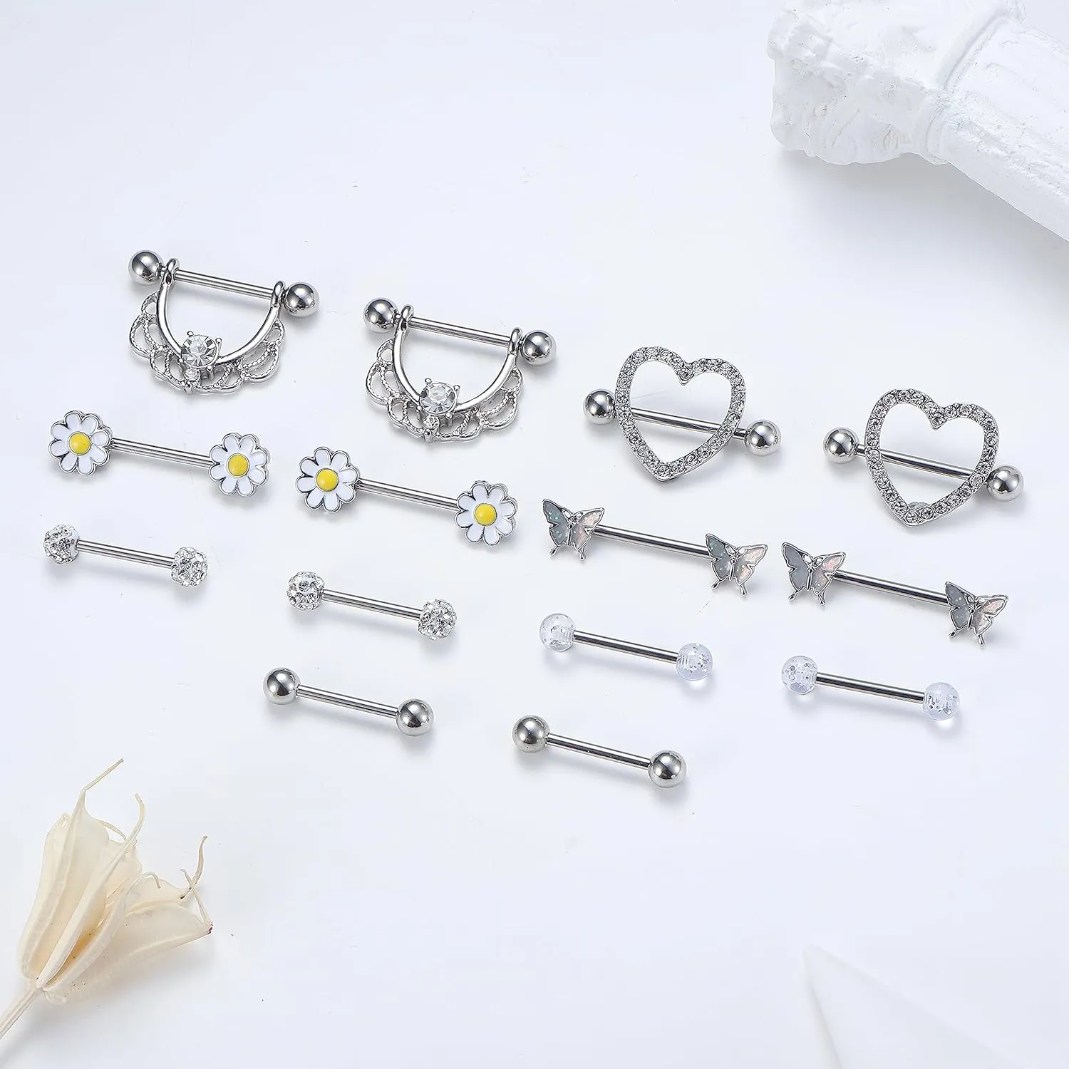YADOCA 7Pairs 14G Nipple Rings for Women Surgical Steel Nipple Piercing Jewelry CZ Ball Heart Butterfly Flower Nipple Tongue Barbell Body Piercing Jewelry
