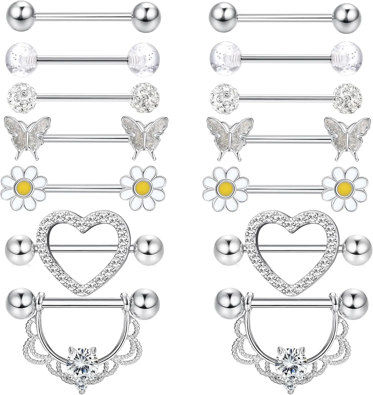 YADOCA 7Pairs 14G Nipple Rings for Women Surgical Steel Nipple Piercing Jewelry CZ Ball Heart Butterfly Flower Nipple Tongue Barbell Body Piercing Jewelry