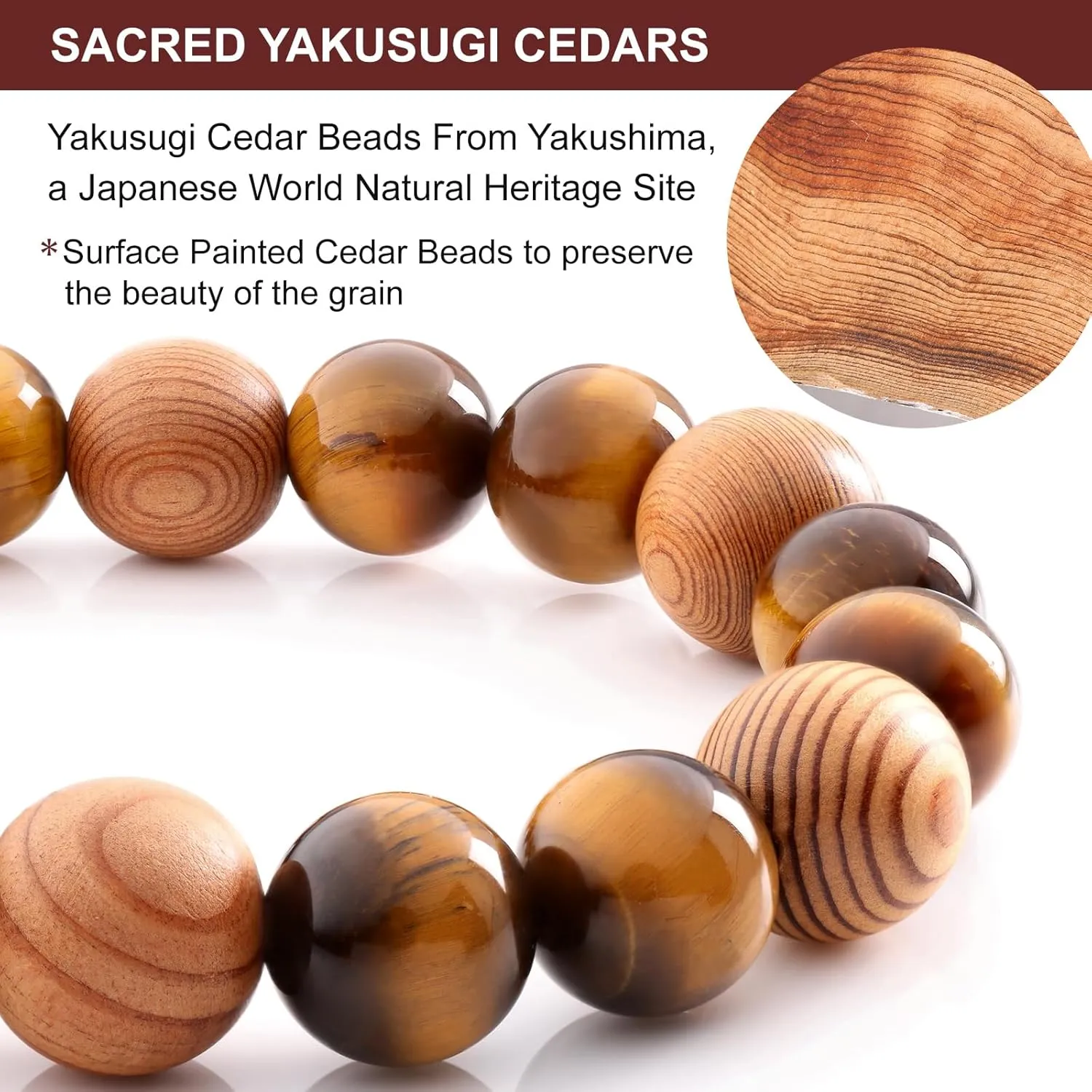 Yakushima Cedar Surface Treated Beads 12mm Tiger Eye Stones Beaded Bracelet Wrist Size 7.5"