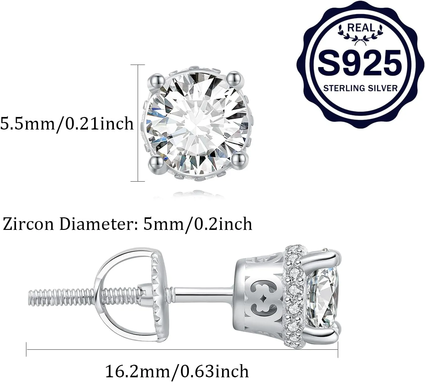 YAMI 925 Sterling Silver Pearl Earrings with Screw Back, Freshwater Cultured Pearls White Gold Plated Cubic Zirconia Stud Earrings for Women Men
