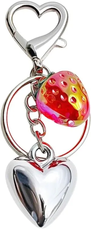 yaozeio Strawberry Heart Charm Keychain for Keys Y2k Silver Heart Keychain Accessories Bag Charms for Women Girls Strawberry Key Chains Women Cute