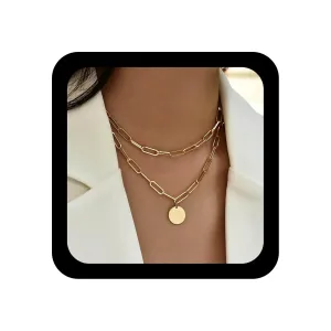 YienDoo Punk Layered Chunky Necklace Choker Gold Paperclip Chain Necklace Hip-hop Statement Coin Pendant Necklace Rock Sequin Pendant Layered Necklace Charm Jewelry for Women