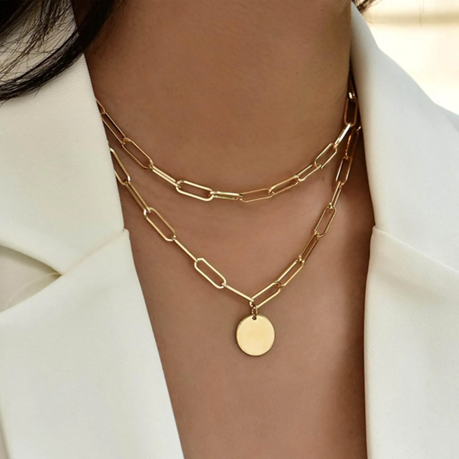YienDoo Punk Layered Chunky Necklace Choker Gold Paperclip Chain Necklace Hip-hop Statement Coin Pendant Necklace Rock Sequin Pendant Layered Necklace Charm Jewelry for Women