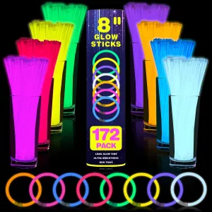 YixangDD 172 PCS Ultra Bright Glow Sticks, 8 Inch Glow Sticks Bulk Party Pack for Decorations in Dark, Glow Bracelets and Necklaces for Concerts, Christmas, Halloween Supplies with 172 Connectors