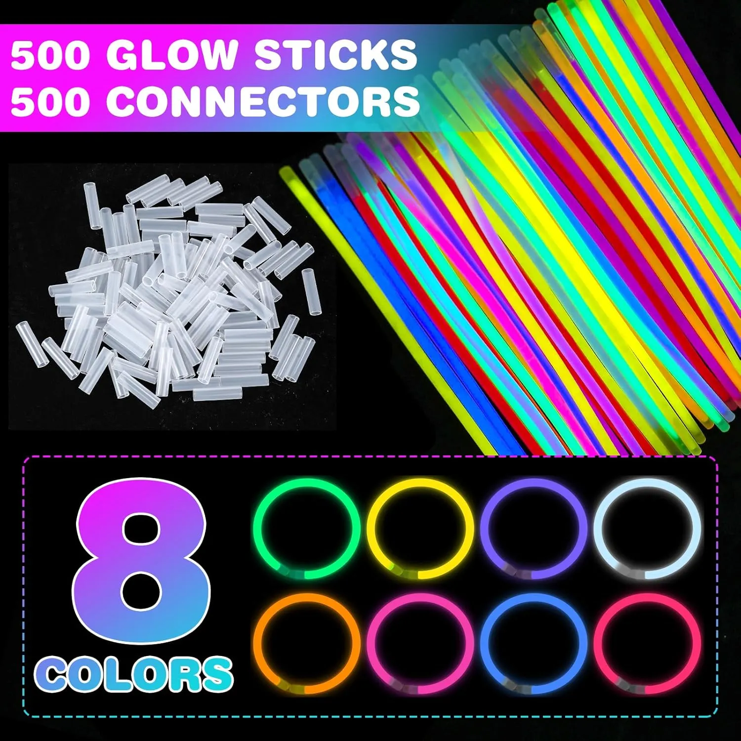 YixangDD 500 PCS Ultra Bright Glow Sticks, 8 Inch Glow Sticks Bulk Party Pack for Decorations in Dark, Glow Bracelets and Necklaces for Concerts, Christmas, Halloween Supplies with 500 Connectors