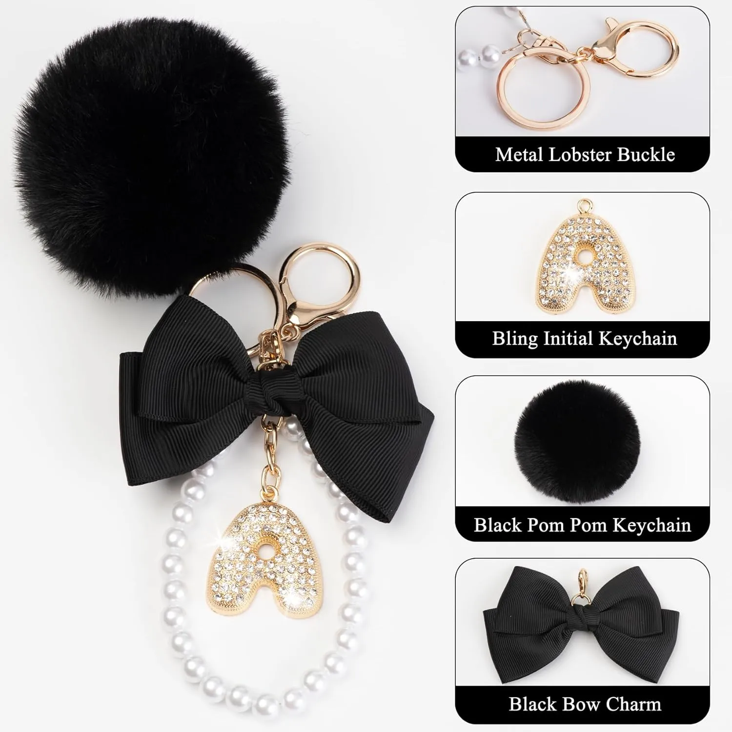 YOU WIZV Initial Letter Keychain for Women Girls Cute Bow Flower Puff Ball Pom Purse Bag Chains for Handbags Backpack