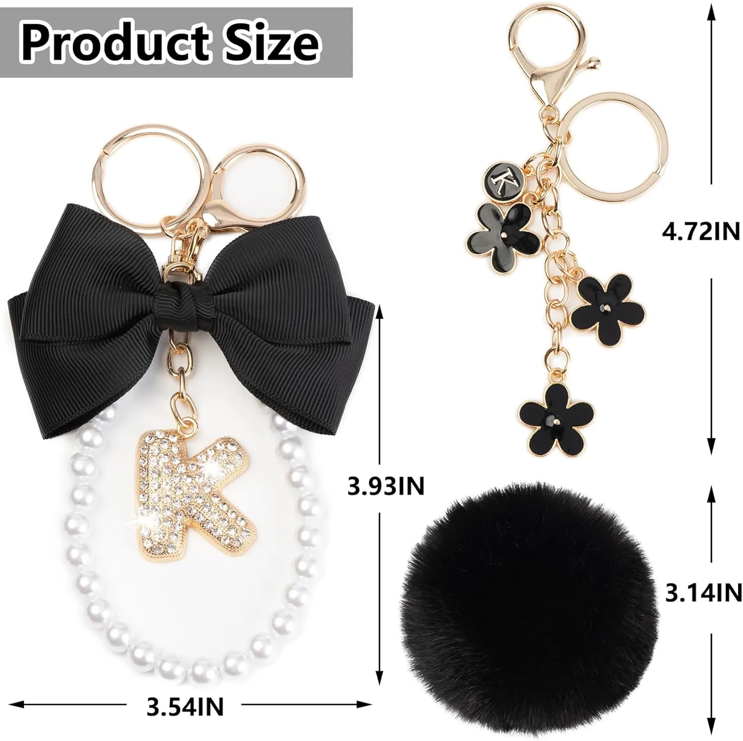 YOU WIZV Initial Letter Keychain for Women Girls Cute Bow Flower Puff Ball Pom Purse Bag Chains for Handbags Backpack