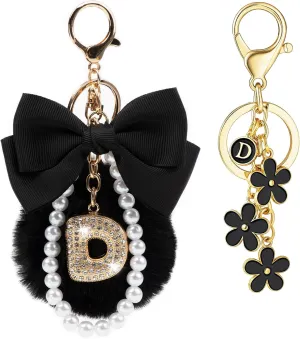 YOU WIZV Initial Letter Keychain for Women Girls Cute Bow Flower Puff Ball Pom Purse Bag Chains for Handbags Backpack